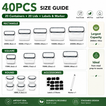 40 PCS Extra Large Airtight Food Storage Containers Set with Lids – Leakproof Reusable Kitchen Organizer Containers with Labels for Pantry & Home Storage